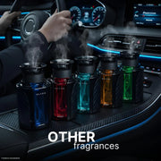 Car air fresheners with mist spray in blue, red, teal, amber, green — premium auto fragrance diffusers
