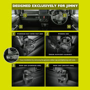 Custom cup holders for Jimny, installed on passenger grip, steering side, and door handles for secure drink placement.