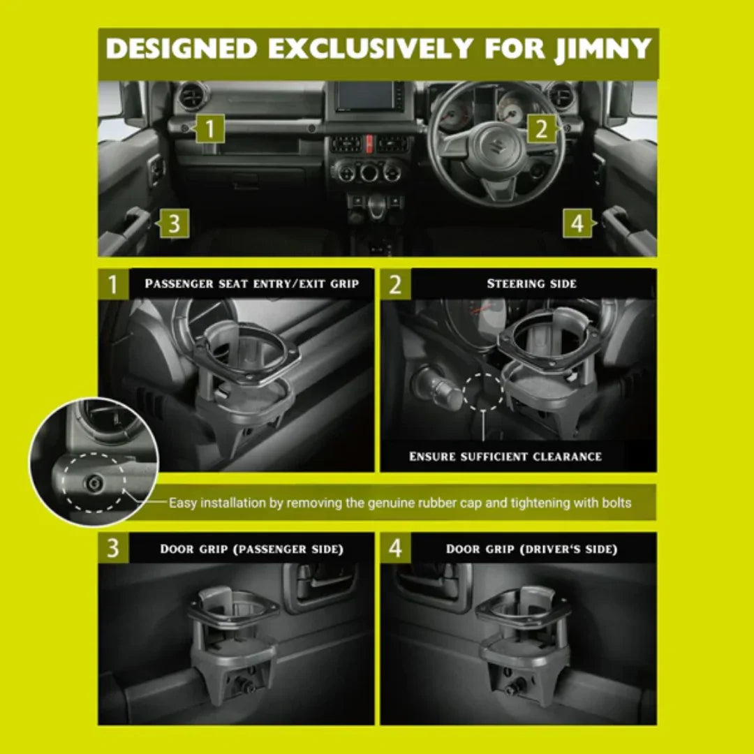 Custom cup holders for Jimny, installed on passenger grip, steering side, and door handles for secure drink placement.
