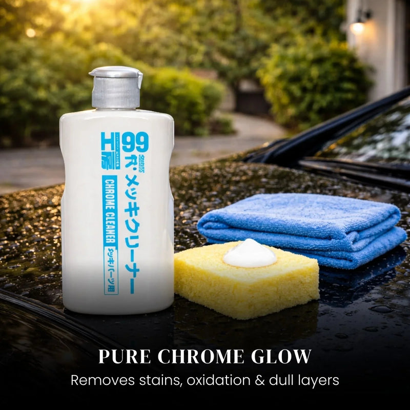 Soft99 Chrome Cleaner – 125ml | Non-Abrasive Liquid Polish for Chrome Parts – Restores Shine & Mirror Finish – Easy-to-Use Emulsion for Grills, Bumpers, Exhaust Pipes & More