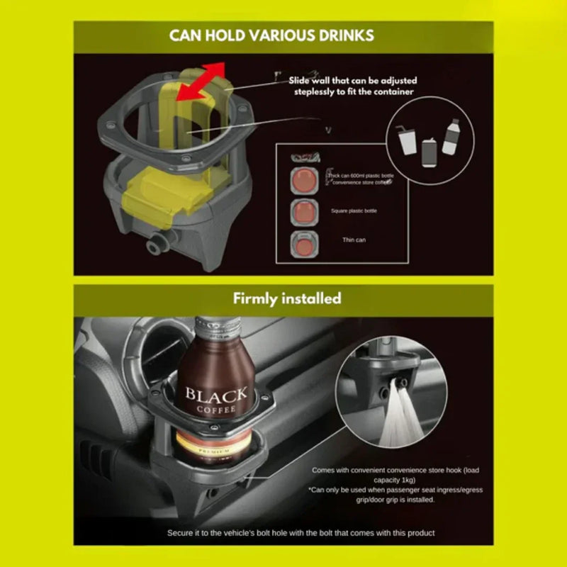 Adjustable car cup holder for drinks, firmly installs in vehicle bolt hole with hook, holds bottles & cans