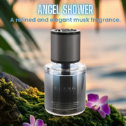BLANG Angel Shower car perfume with elegant musk fragrance, displayed on moss with purple orchids