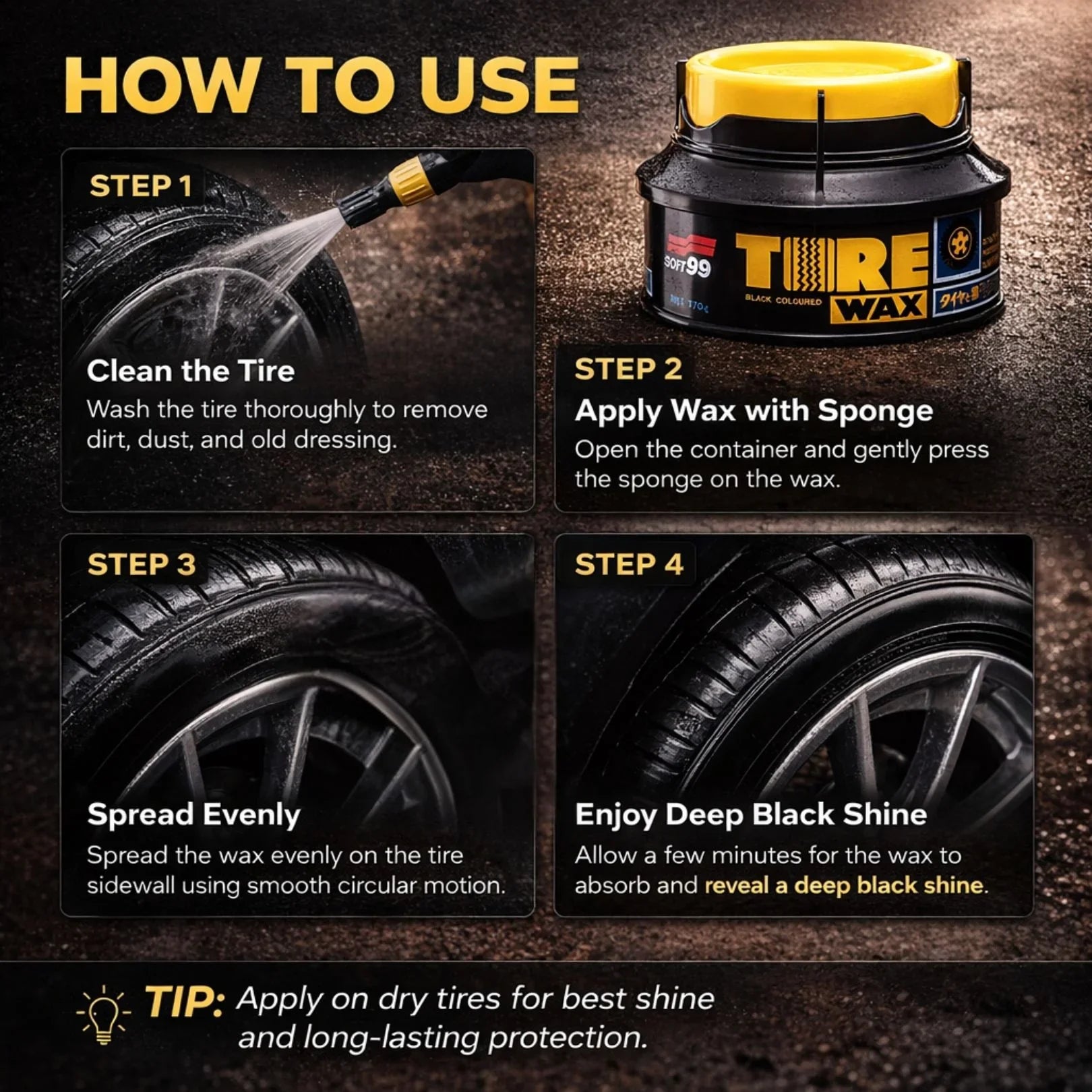 Soft99 Tire Wax Black 170g | Long-Lasting Tire Shine & Protection