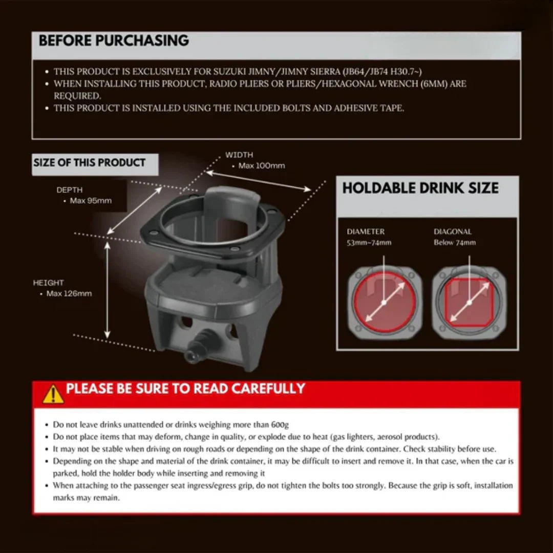 Car drink holder for Suzuki Jimny, dimensions & installation guide, holds 53-74mm drinks, auto accessory