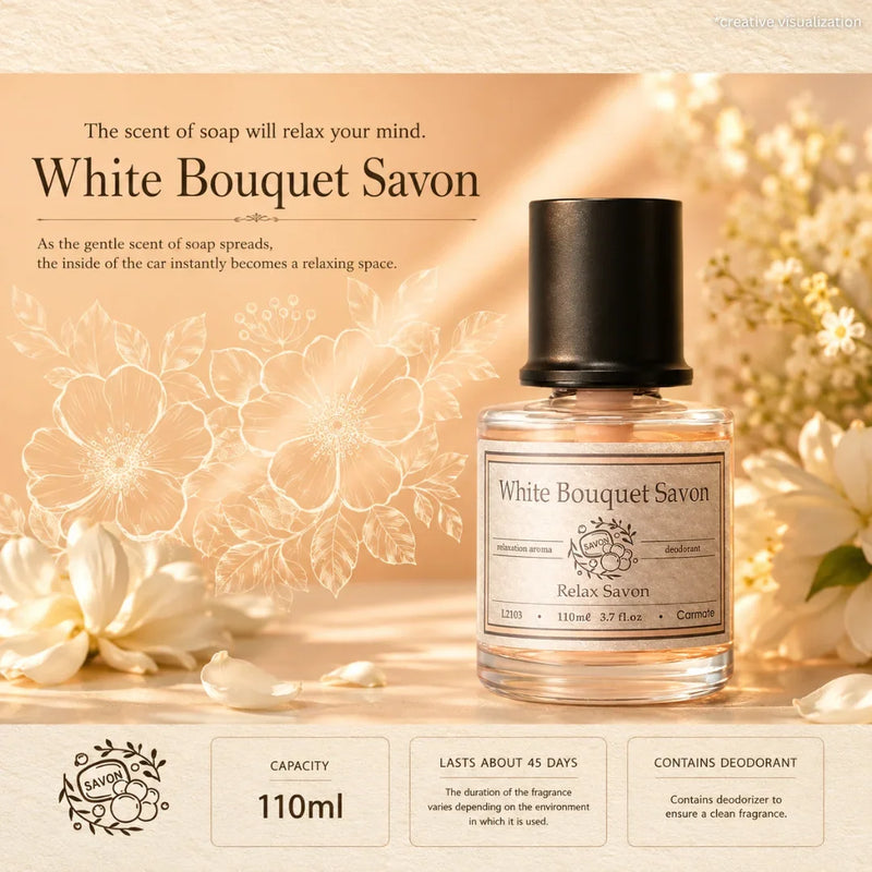 Carmate White Bouquet Savon – Relax Soap Car Air Freshener (110ml, Liquid Type)