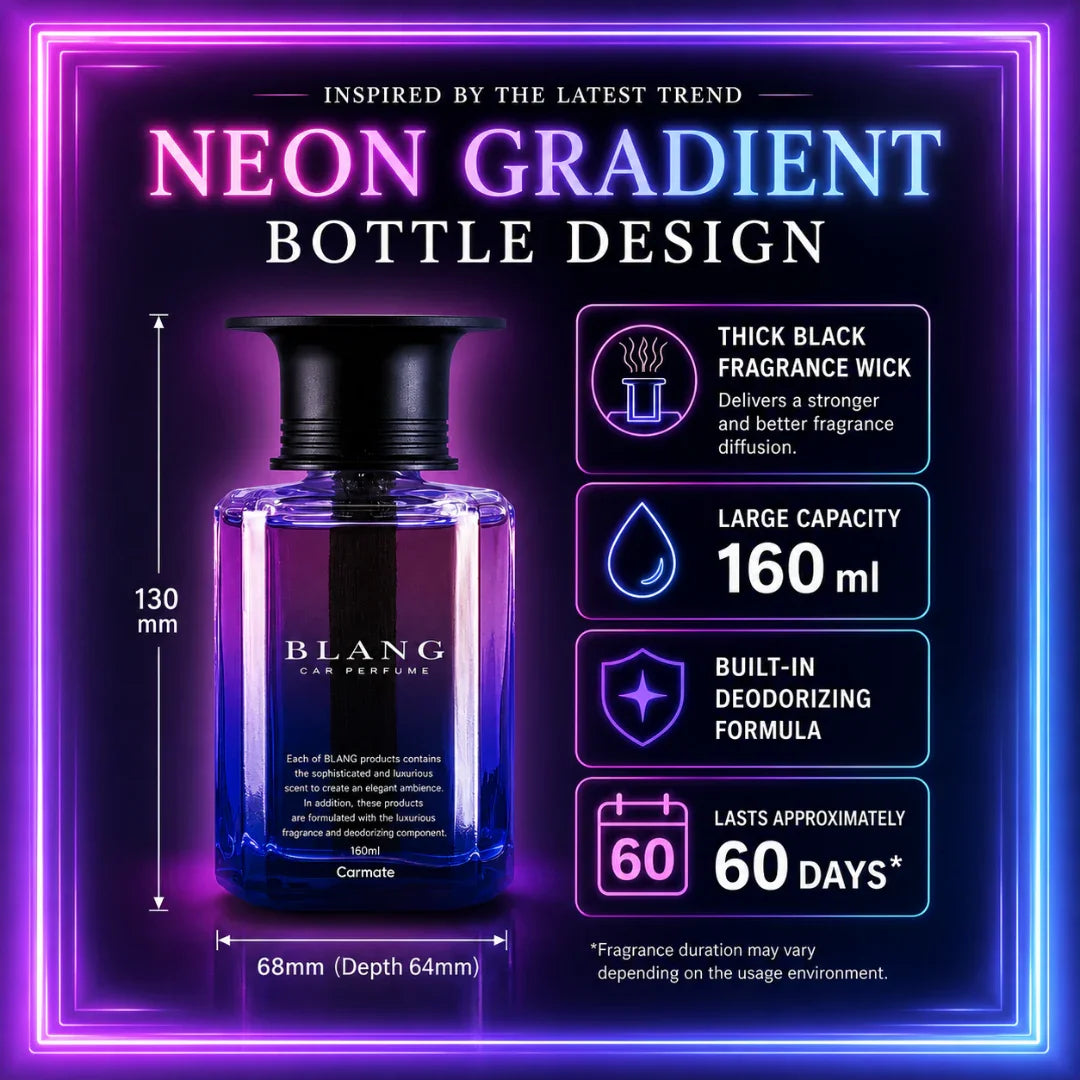 Neon gradient car perfume bottle with 160ml capacity, thick black wick, deodorizing formula, lasts 60 days
