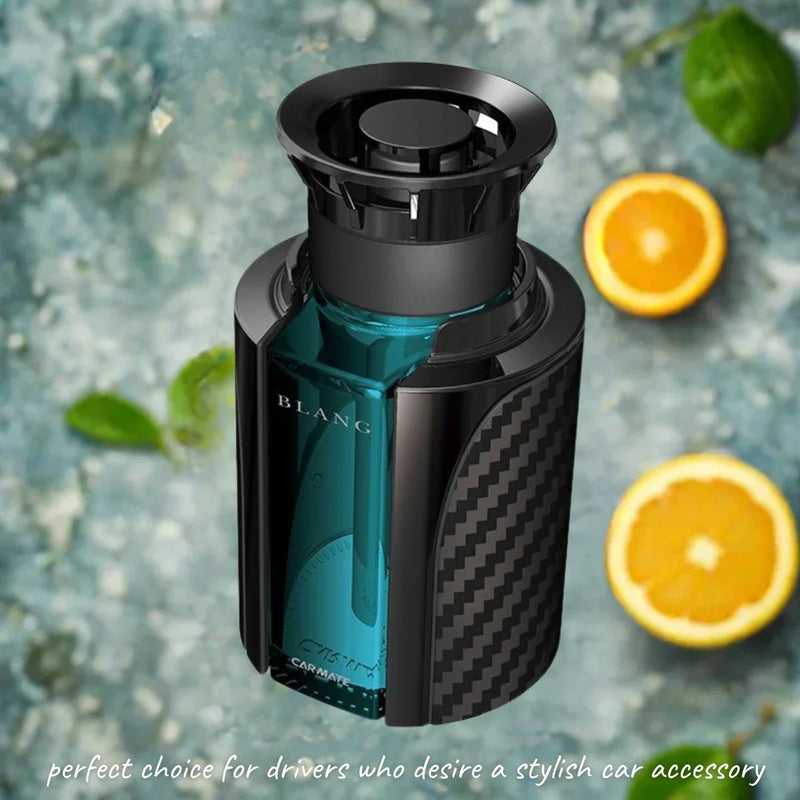 Stylish car air freshener with carbon fiber design and blue liquid, perfect for drivers seeking premium car accessories.