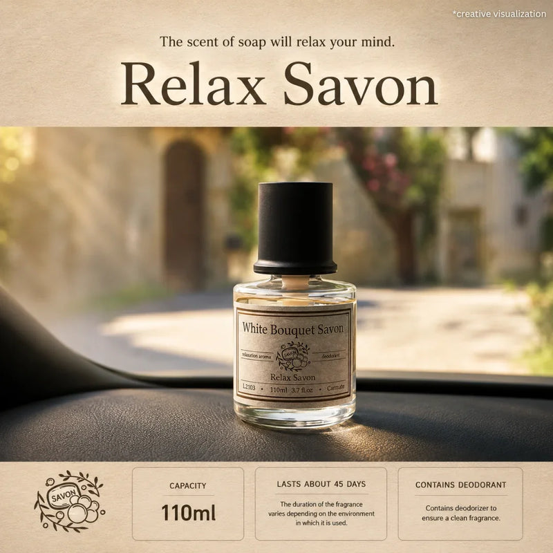 Carmate White Bouquet Savon – Relax Soap Car Air Freshener (110ml, Liquid Type)