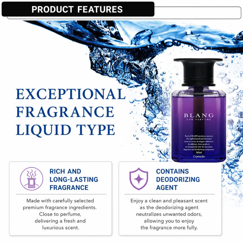 BLANG car perfume liquid with long-lasting fragrance and deodorizing agent, 160ml Carmate bottle against water splash