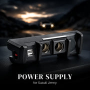 Car power supply adapter with USB and cigarette lighter ports for Suzuki Jimny, black automotive accessory