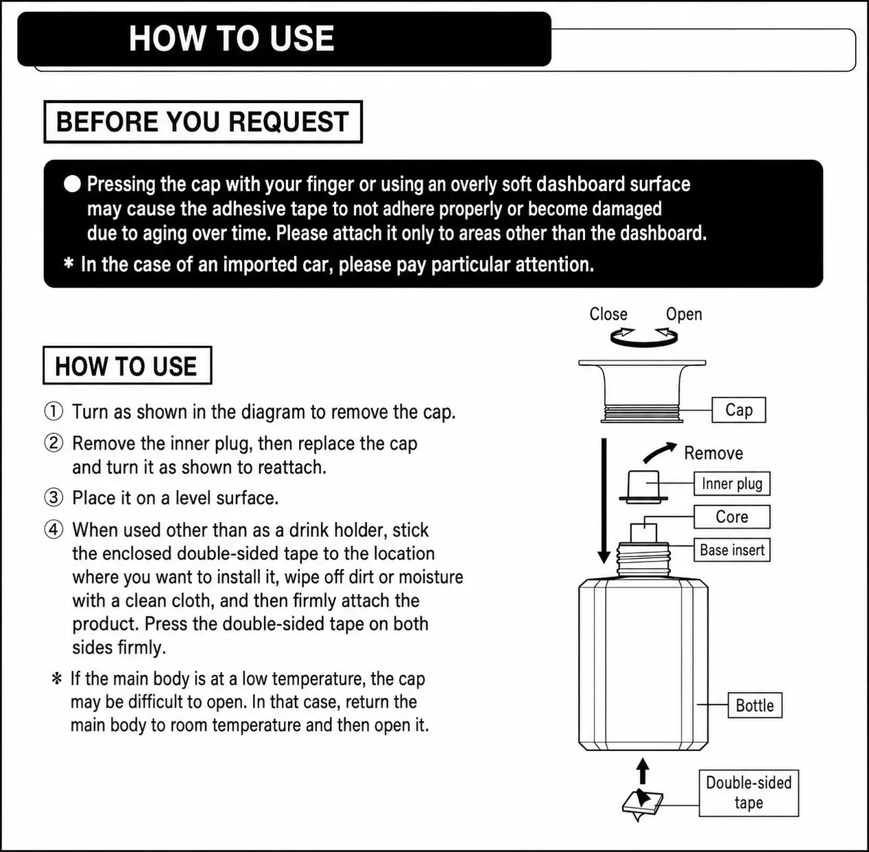 Car perfume installation guide with double-sided tape and bottle diagram for dashboard use