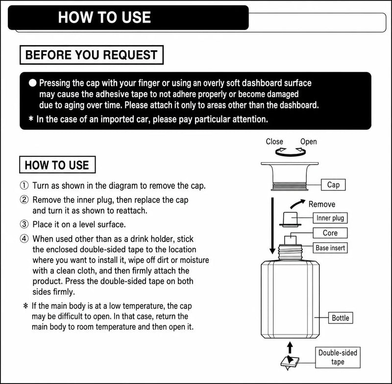 Car perfume installation guide with double-sided tape and bottle diagram for dashboard use