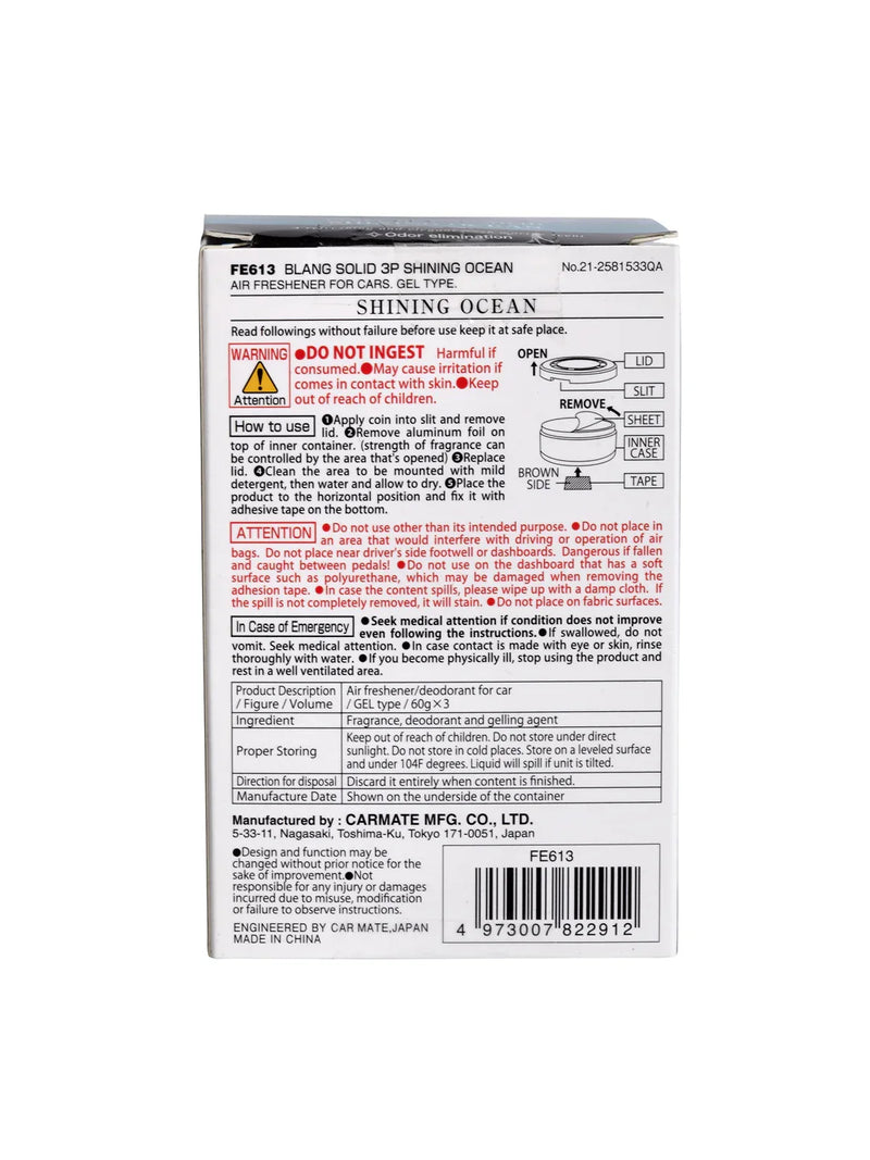 Shining Ocean car air freshener gel instructions and safety info on product box
