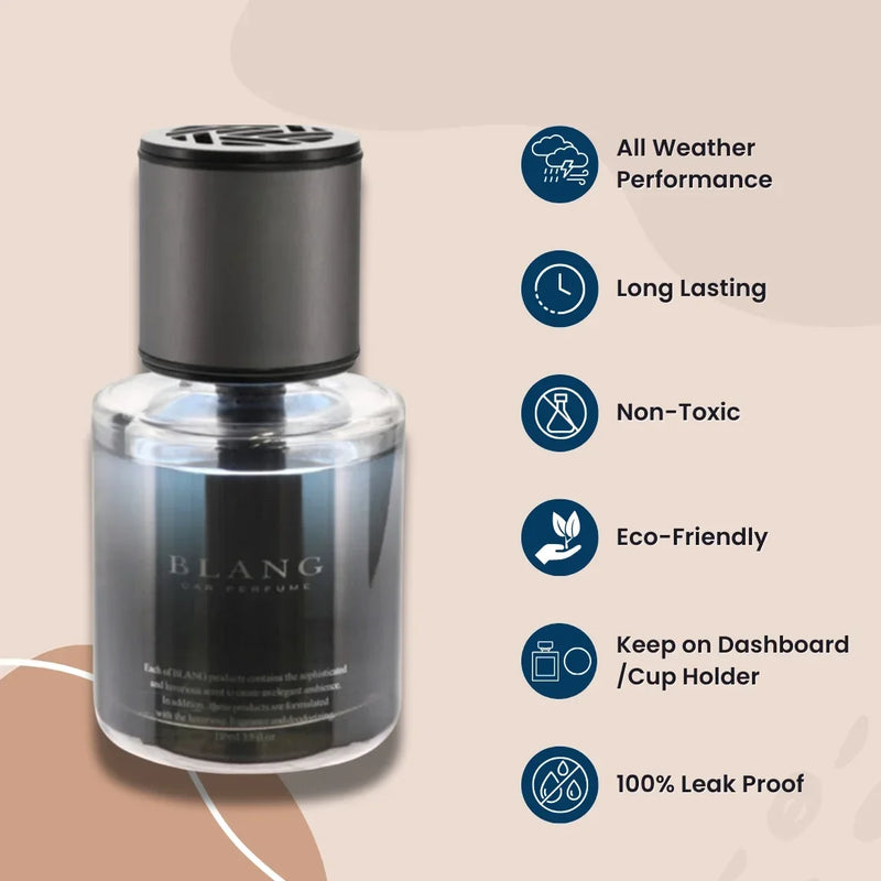 BLANG car perfume bottle with long-lasting, leak-proof, eco-friendly features for dashboard or cup holder use