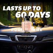 Long-lasting car perfume for men, lasts up to 60 days, displayed on dashboard with sunglasses