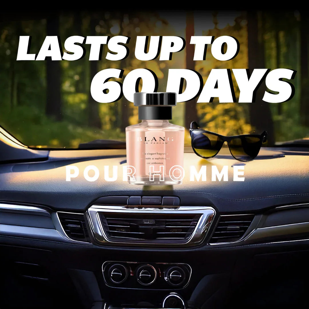 Long-lasting car perfume for men, lasts up to 60 days, displayed on dashboard with sunglasses