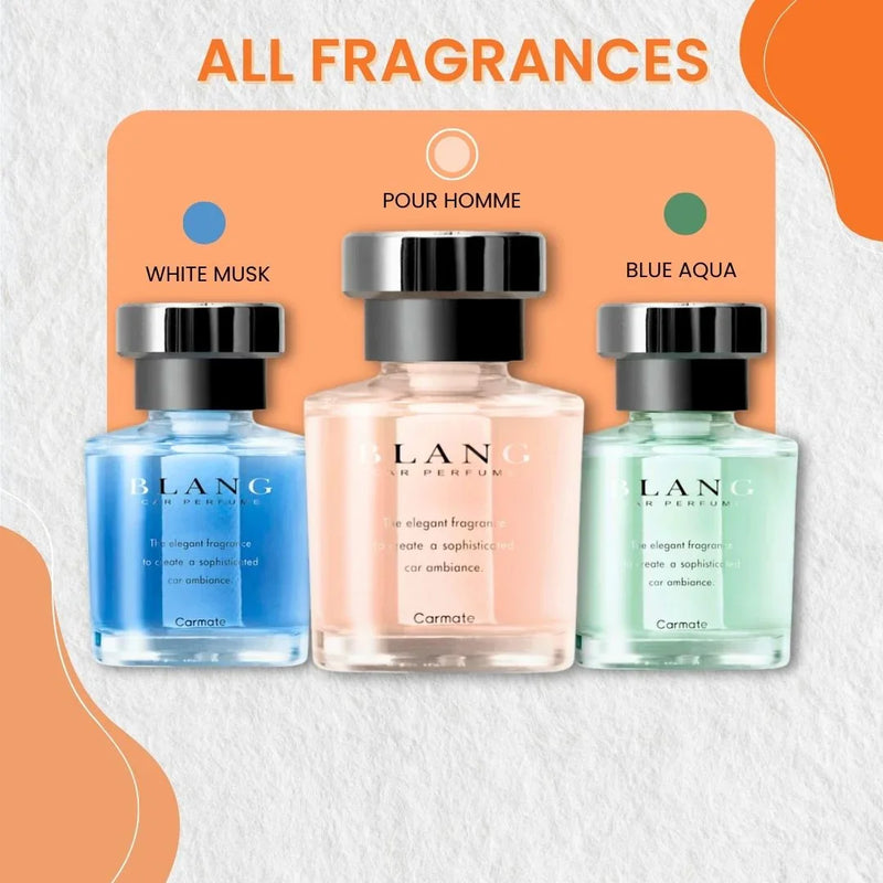 BLANG car perfumes in White Musk, Pour Homme, and Blue Aqua scents for elegant car ambiance