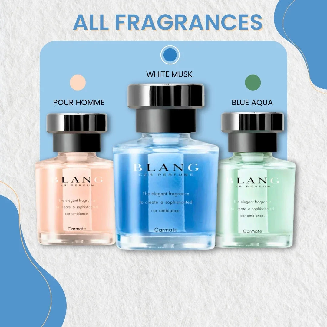 BLANG car perfume collection: Pour Homme, White Musk, Blue Aqua fragrances for elegant car ambiance