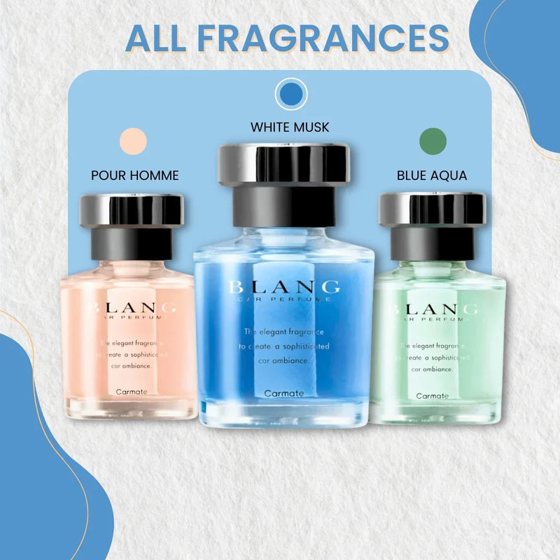 BLANG car perfume collection: Pour Homme, White Musk, Blue Aqua fragrances for elegant car ambiance
