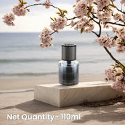 BLANG car perfume 110ml on marble by beach with cherry blossoms, long-lasting fragrance for auto interiors