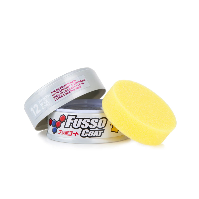 Fusso Coat wax tin lid and base with yellow applicator sponge
