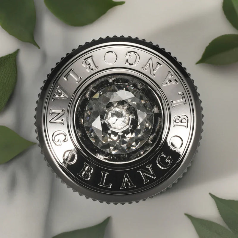 Luxury car perfume diffuser with crystal center and BLANGOB logo, surrounded by green leaves