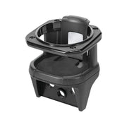 Black car cup holder with adjustable grip and storage base for automotive accessories
