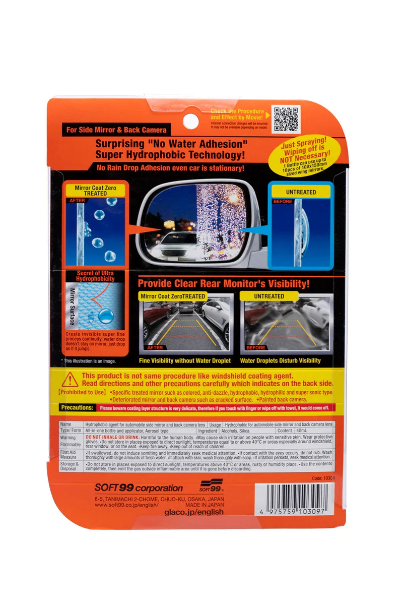 Back of Glaco Mirror Coat Zero packaging showing hydrophobic mirror technology details
