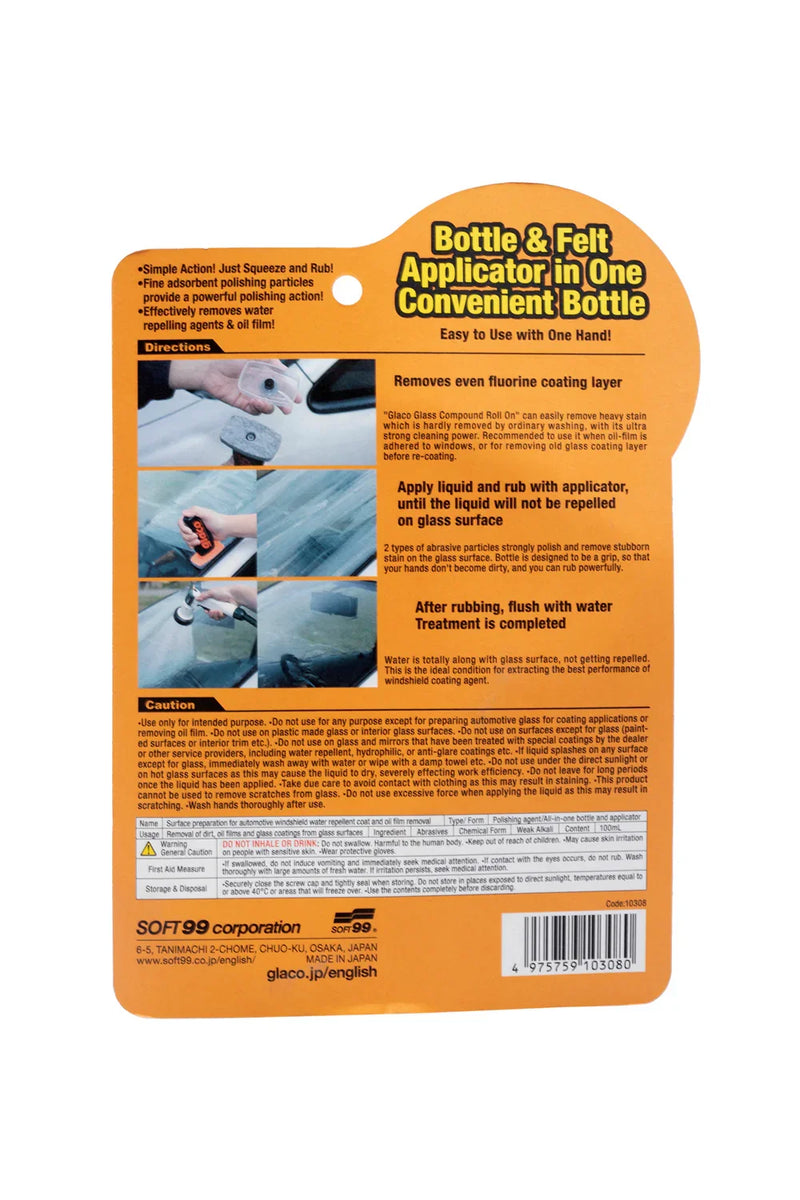 Back of Glaco Glass Compound Roll On packaging with directions and precautions
